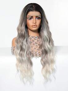 Perucă lungă cu onduleuri 13x4 HD, cu dantelă frontală, 28 de inci, maro, negru, ombre, culoare mixtă, sintetică, fabricată la mașină, rezistentă la căldură, pentru cosplay și festivaluri de muzică - Evidențierea maro - Vizualizare 3