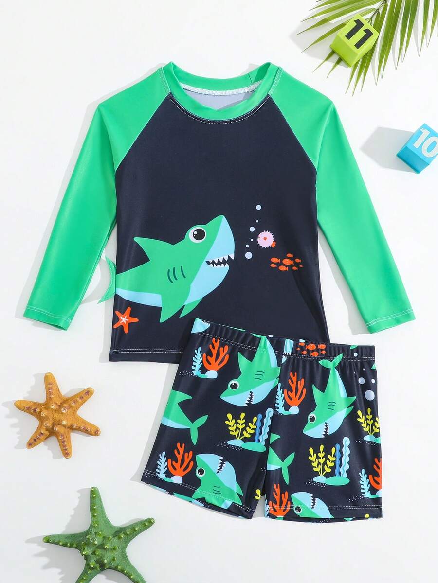 Set de 2 trajes de baño para niños con estampado de tiburón, cola de pez con bloques de color y decoración 3D, tela elástica y de secado rápido, cómoda, estilo de resort de moda para niños, adecuado para surf al aire libre, fiesta de natación, vacaciones en la playa - Negro - Ver 1