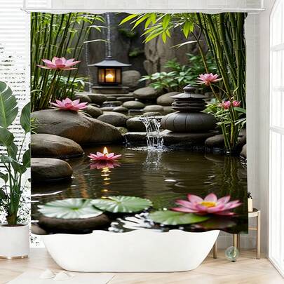1 tấm rèm tắm lấy cảm hứng từ ao sen kiểu Zen, làm từ polyester, chống thấm nước, không cản sáng, thích hợp trang trí nhà cửa và phòng tắm, kèm theo 12 móc treo.