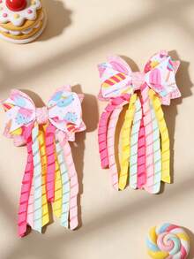 2PCS Cute Ice Cream Dessert Printing Tassel Bow Hair Clip Grit Swallow Tail Curling Hair Bows Suitable For Birthday Parties And Daily Photography Props Hair Clips Teenager Hair Accessories - Multicolor - View 2