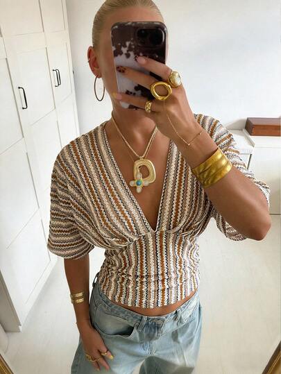 Elegant Striped V-Neck Women's Top, Short-Sleeve With Gathered Waist, Loose Cropped Style, Suitable For Casual, Everyday, And Vacation Outfits,Sunmmer Outfits Summer