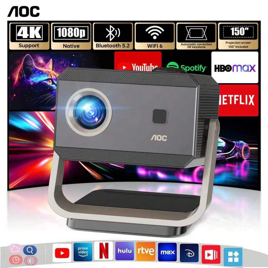 AOC Portable Projector Full HD 4K/1080p, Auto Focus, Auto Keystone Correction, Adjustable Angle, Wi-Fi 6 & Bluetooth, 15000 Lumens, Compatible With IOS/Android/PC For Work And Gaming