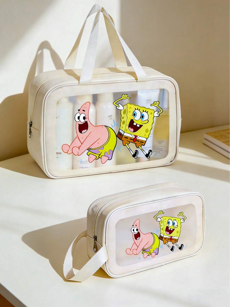 SpongeBob SquarePants 透明PVC化妆包,多功能办公线缆整理包,带提手,防水卡通印花化妆包,便携式旅行洗漱包,适用于收纳线缆、马克笔、文具和日常用品,适合办公、学校和旅行,可爱的桌面和包包配件 - 海綿寶寶 - 查看 1