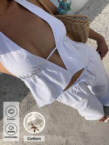 Vaiaye 女士两件套，系带荷叶边抹胸上衣搭配阔腿裤，条纹亚麻深V吊带背心搭配抽绳宽松休闲沙滩裤，性感可爱优雅浪漫夏季两件套，可追溯棉质面料 - 藍色 - 查看 3