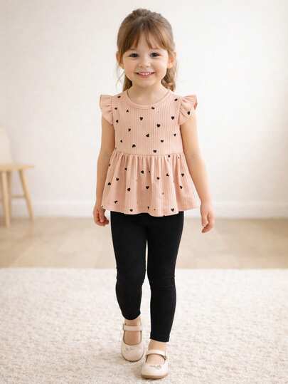 2pcs Girls Heart Print Cap Sleeve Top + Black Elastic Leggings Set, Ribbed Soft Fabric, Sweet Casual, Suitable For Daily Wear