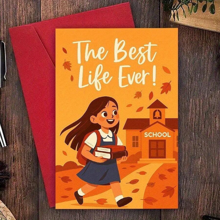 Carte de vœux thème scolaire "La meilleure vie de tous les temps !" Illustration d'une écolière d'automne avec enveloppe rouge - 13*18 - Voir 1