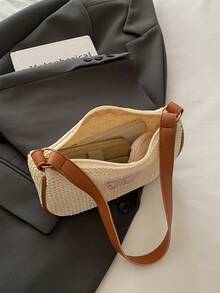 Summer Classic Straw Underarm Bag, New Casual Commute One Shoulder Crossbody Square Bag With Bow Embroidery Woven Design For Women - Beige - View 7