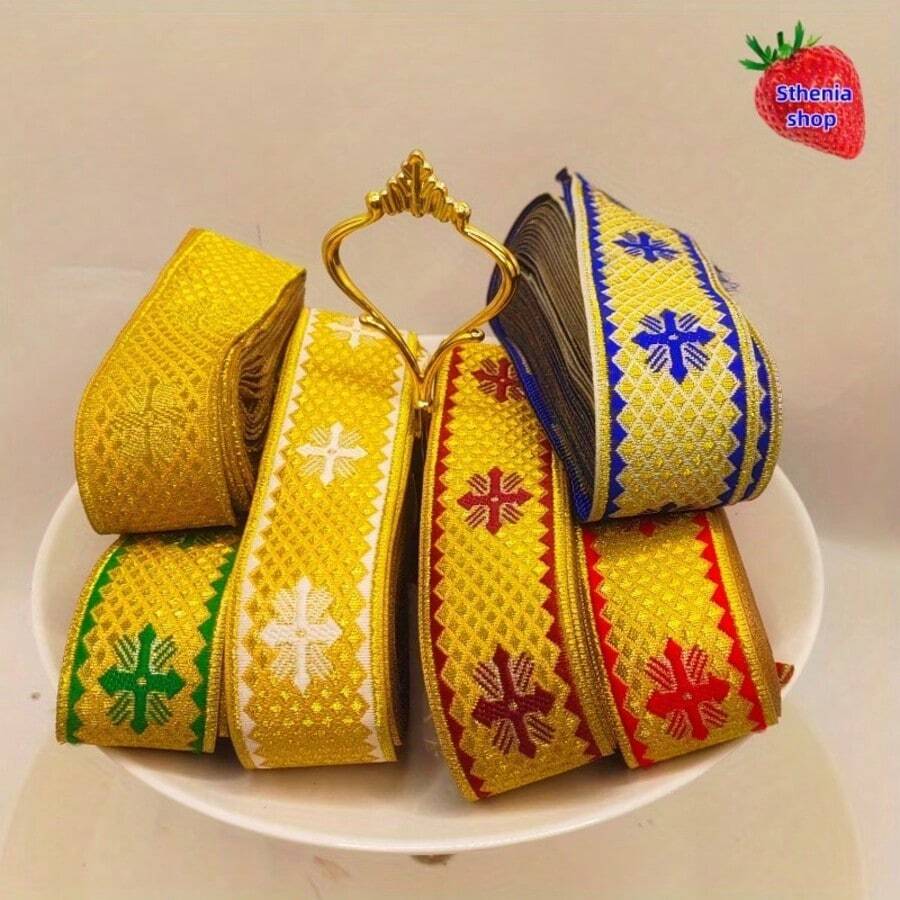 Cinta de Jacquard tejida de 2 yardas, patrón de punto de cruz con encaje - Cinta de satén personalizable y cortable, adecuada para manualidades DIY, ribete de cortinas, envolver regalos - Material hecho a mano multicolor, ancho de 1.34 pulgadas, accesorio de costura multifuncional - Multicolor - Ver 1