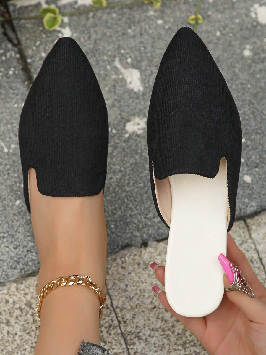 Tallas grandes 35-45 Mules de punta fina de moda, mocasines casuales slip-on para vestidos, zapatos de trabajo cómodos de suela blanda para mujeres, primavera/verano/otoño - Negro (tela de rayas largas) - Ver 1
