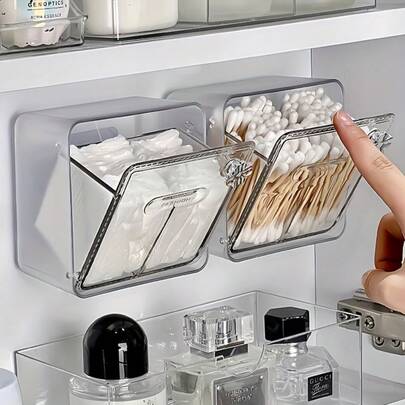 1pc Wall-Mounted Makeup Remover Pad Storage Box - Plastic Container With Lid, Space-Saving Bathroom Vanity Organizer