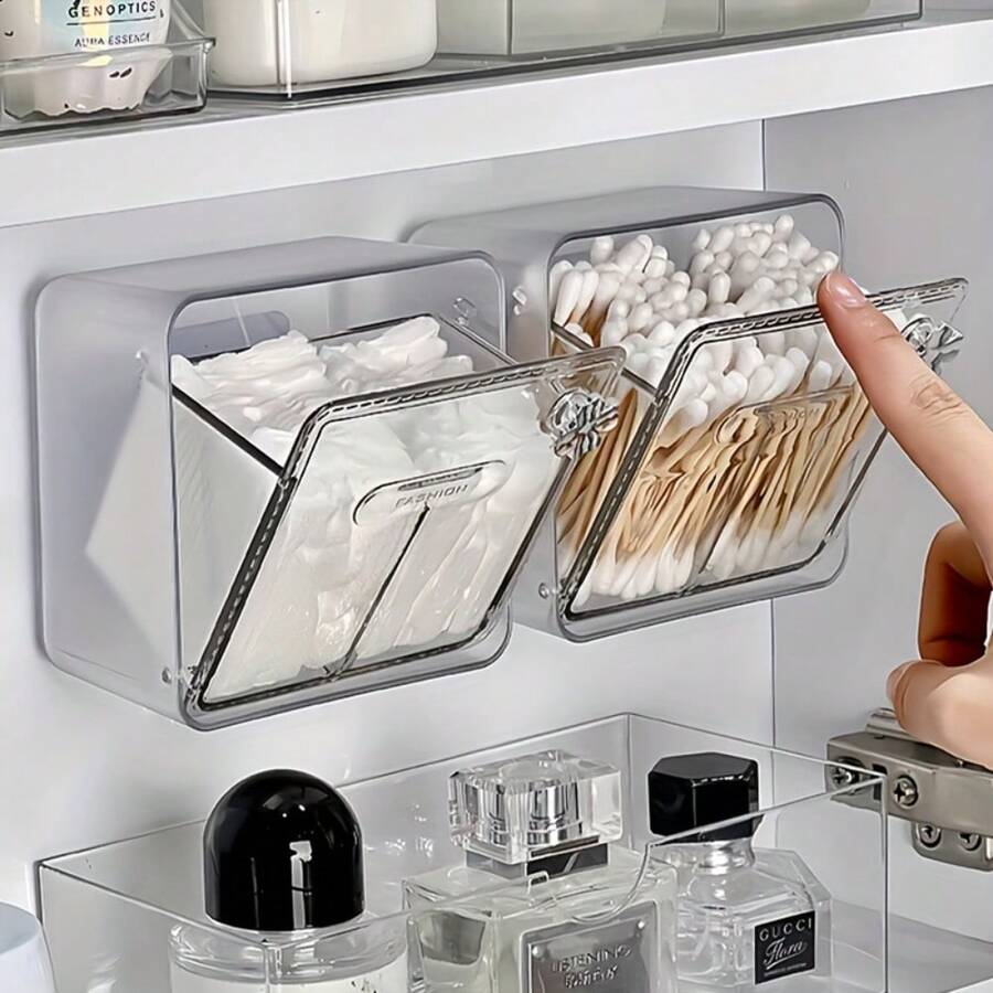 1pc Wall-Mounted Makeup Remover Pad Storage Box - Plastic Container With Lid, Space-Saving Bathroom Vanity Organizer