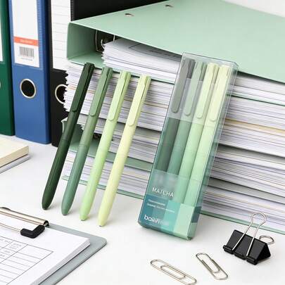 4pcs Matcha Series Neutral Pens Set, With Gradient Green Pen Body And Transparent Vertical Box Packaging, Fresh And Soft. 0.5mm Smooth Writing Tip, Black Ink Quick-Drying And Non-Smudging, A Set Of 4 Colors Suitable For Study, Office And Other Scenarios, Practical And Stylish.