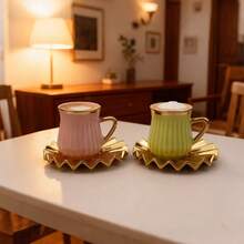 3 Colors Macaron Ceramic Cup & Saucer Set, Handpainted With Gold Accents, Healthy Drinking Water Or Coffee, Home Decor, Party Gathering Ceramic Mug, Creative Couples Gift - Multicolor - View 3