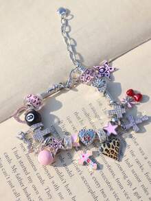 1pc Pink Leopard Print Cross Charm Bracelet, Pink Leopard Heart Bracelet, Pink 8 Ball DIY Bracelet, Leopard Leopard Bracelet, Cherry Cross Bracelet - Silver - View 9