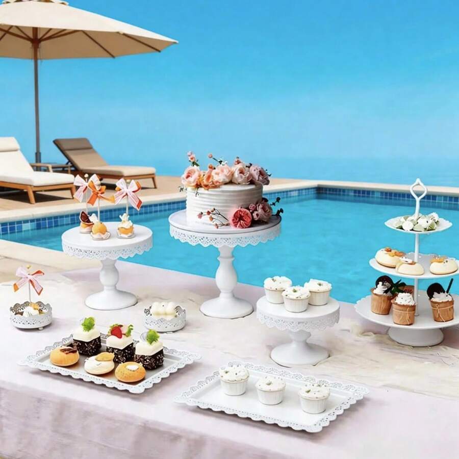 Wedding Party Essentials,8pcs Dessert Table Display Set: Romantic Golden Round Cake Stand & Cupcake Tower For Birthday Parties, Weddings & Baby Showers, Gold/Cream White - trắng - Xem 1