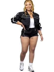 2PC/1set Women's Clothing Sexy Hot Girl Long Sleeve Zipper Contrast Color Ribbon Shorts Women's Two-Piece Set Club Outfit For Women Women Outdoor Sets - 黑色 - 查看 1