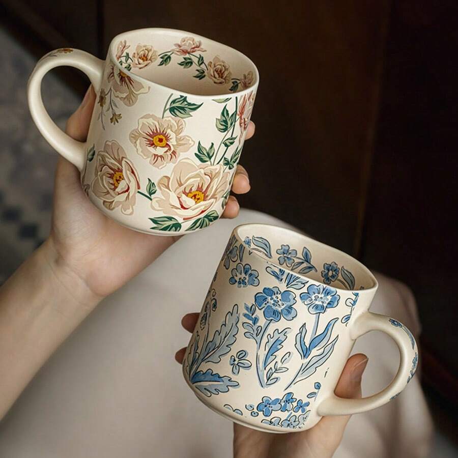 1 pieza Taza retro con estampado floral, taza para el desayuno, taza para café/leche para el hogar - Multicolor - Ver 1
