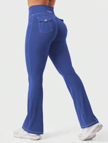YEOREO CoreFlex Women Workout Mini Flare Leggings With Pockets Hidden Scrunch Cargo Gym Casual Denim-Look Yoga Pants Summer Clothes For Women - Xanh coban - Xem 4