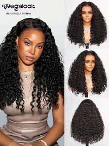 MEGALOOK Water Wave Burmese Curly Human Hair Wig 13x6 Three-Go™ Glueless Transparent Lace Wig With Finger Coil Ends 100% Human Hair Pre Cut Lace Front Pre Bleached & Pre Plucked Natural Hairline Tiny Knots Easy Wear With Drawstring Breathable Cap 18-26 Inch Natural Black Wig - No Glue Needed Beginner Friendly - Natural Black - View 5