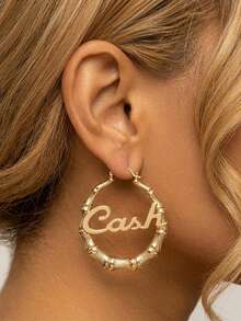 Custom Name Bamboo Hoop Earrings Personalized Script Letter Earrings Large Gold Bamboo Hoops Hip Hop Jewelry Statement Earrings For Her - Multicolor - View 3