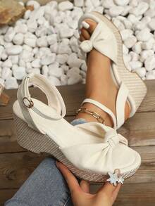 Women's Platform Wedge Sandals, European And American Cross-Border Plus Size Wedge High Heel Sandals, Rope Platform Fashion High Heel Sandals, Slip-On Wedge Sandals, Wedge Buckle Sandals - Beige - View 7