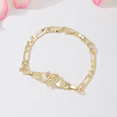 1PC Gold Plated 15 Heart Figaro Chain Bracelet With CZ Stones, Quinceanera Jewelry For Girls, Ideal For Sweet 15 Birthday Party & Mis 15 Years