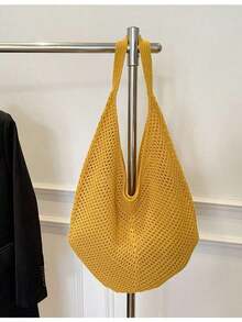 Yogodlns Fashion Crochet Woven Bag, Women Summer Beach Tote Bag, Elegant Handbag, Bohemian Style Crochet Shoulder Bag, Hollow Out Crochet Shoulder Bag, Underarm Bag, Large Capacity Crochet Woven Bag, Shopping Tote Bag, Casual Beach Bag, Commuter Bag, Bohemian Style Women Clothing, Boho - Màu vàng - Xem 5