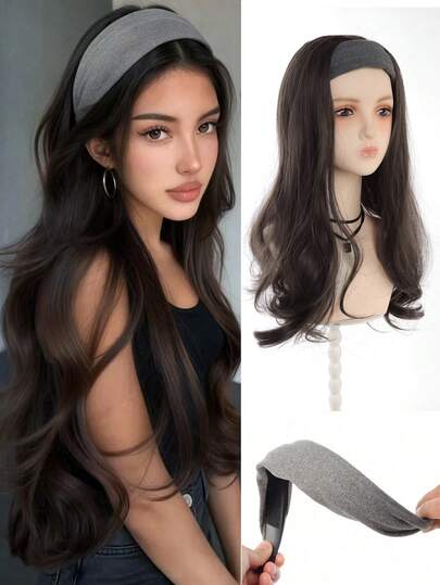 1 chiếc băng đô thể thao rộng cho nữ, tóc giả dài 20 inch, kiểu tóc xoăn gợn sóng, tóc nối kẹp, tóc giả màu nâu đen tự nhiên (nâu), dễ đeo, phù hợp cho chụp ảnh ngoài trời và các buổi gặp gỡ hàng ngày của nữ.
