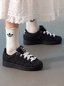 Giày thể thao cổ thấp unisex, kiểu dáng Superstar II mũi vỏ sò, ba sọc cổ điển, họa tiết mây đen trắng, JQ3211 - Đen/trắng - Xem 1