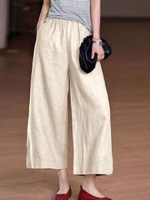 Quần ống rộng bằng vải lanh màu trắng, kiểu dáng bohemian, cạp chun, có túi, dành cho nữ, thích hợp cho mùa hè. - Màu be - Xem 2