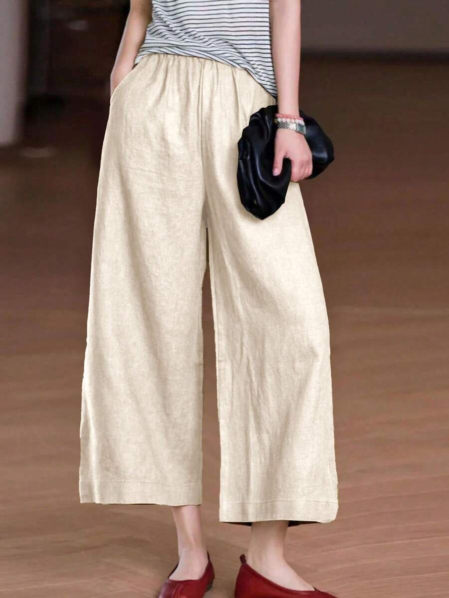Pantalones anchos de lino con bolsillo y cintura elástica en estilo bohemio casual, para mujer, para verano y primavera - Albaricoque - Ver 1