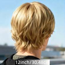 Tóc giả ngắn thẳng cho nam, dài 12 inch (cỡ trung bình #10 màu vàng), làm từ sợi tổng hợp, có mái xéo, chịu nhiệt. - Nhiều màu - Xem 5