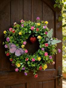 2 piezas Corona floral artificial colorida, decoración colgante rústica de primavera, acentos de mariposa realistas de alta calidad, decoración interior del hogar, regalo del Día de la Madre, suministros de jardinería - Multicolor - Ver 10