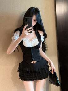 女士时尚百搭韩式纽扣背心 - 黑色 - 查看 8