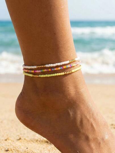 3pcs/Set Bohemian Beaded Multi-Layer Anklet, Fashion Versatile Suitable For Summer Beach Vacation Wear, Gift