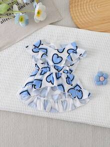 不对称蓝白爱心狗狗连衣裙，轻盈短袖宠物连衣裙，适合泰迪犬、贵宾犬和小型犬的夏季公主裙 - 白色 - 查看 3