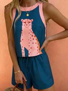 两件套无袖蓝色底粉色豹纹短裤，时尚休闲度假女装，春夏款 - 彩色 - 查看 2