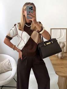 Áo len dệt kim họa tiết Argyle mới năm 2026, áo dệt kim tay ngắn cổ tròn dành cho nữ, kiểu dáng thanh lịch, thoải mái, thích hợp mặc hàng ngày vào mùa xuân. - màu nâu - Xem 9