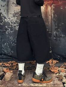1 pièce Short en jean ample de style gothique sorcier pour hommes, avec broderie de plantes botaniques et de lune, ourlet brut, style Cottagecore streetwear foncé, plusieurs tailles - Noir - Voir 2
