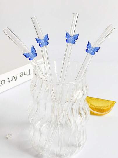 1/2/4支装蓝色卡通可重复使用玻璃吸管，带蝴蝶装饰，防碎弯曲透明玻璃吸管餐具套装，适用于厨房、水杯、吸管装饰、冷饮、奶茶、咖啡、果汁、冰沙、家居、餐厅、鸡尾酒会、单身派对装饰、返校季、送给男女朋友的趣味礼物、节日用品、复活节礼物、夏季。
