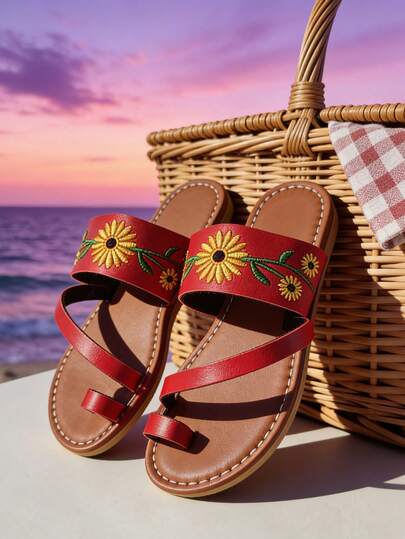 1 Pair Girls' Red PU Base + Round Toe Design + Sunflower Embroidery Decor + Criss-Cross Strap + Flat Heel + Retro Bohemian Style Girls' Sandals, Suitable For Beach, Casual Wear, And Vacation In Summer 2026