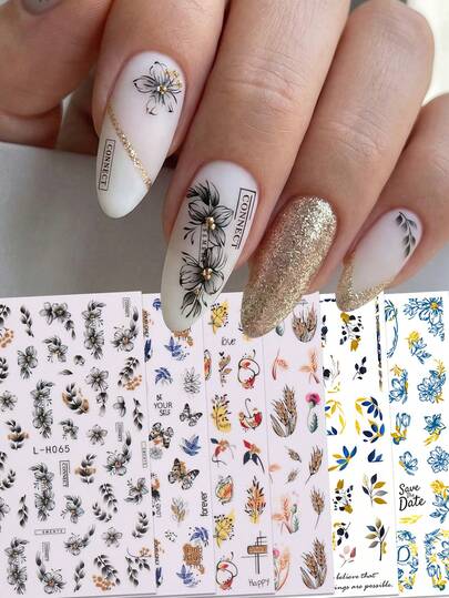 6pcs Minimalist Sketch Handwritten Nail Art Stickers - Sketch Butterfly, Floral, Wheat Nail Decals - Suitable For Daily, Music Festival, Party, Spring DIY Nail Art Decoration, Holiday Gift, DIY, Y2K