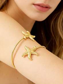 6 قطع مجموعة أساور معدنية بتصميم بسيط لأسلوب الإجازة الصيفية، بأشكال الزهور والفراشات وأشكال هندسية مفرغة، أساور قابلة للتعديل - 6 قطع ذهبية AT013 - مشاهدة 4