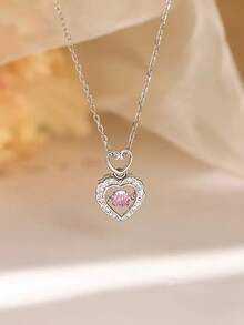1件S925纯银创意个性化精致甜美时尚百搭活泼粉色锆石心形项链，适合女性、派对和送礼。 - 銀色 - 查看 3
