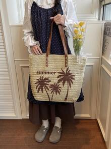SIMUTINE 女士度假风草编手提包，夏季新款大容量单肩包，艺术编织沙滩旅行包，草编材质，适合日常使用、购物、通勤、大学等场合。 - 米色 - 查看 7