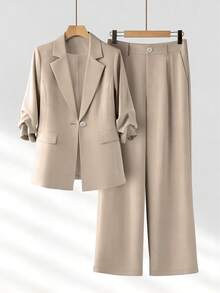 女士春夏休闲通勤褶裥七分袖宽松单排扣西装外套及阔腿裤套装 - 卡其色 - 查看 3