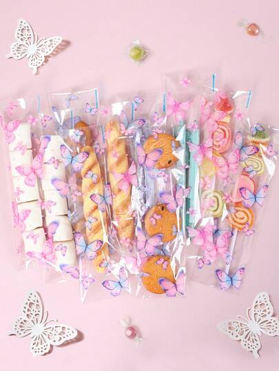 50/100个粉紫色蝴蝶透明糖果袋，粉紫色蝴蝶图案小礼品袋，糖果袋，棉花糖袋，适用于生日、节日、婚礼装饰，粉紫色蝴蝶主题派对小礼品袋，婴儿派对糖果袋，冰糖葫芦包装袋，生日派对透明食品包装袋，食品包装用品，婚礼糖果礼品袋，厨房烘焙袋，粉紫色蝴蝶装饰，生日礼物