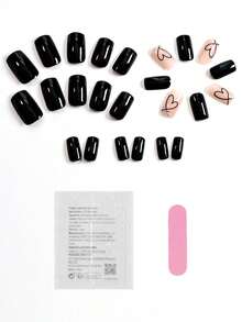 24pcs Short Square Black Heart Nail Stickers, Acrylic Material With Rhinestone Design, Perfect Fit, Black Nail Art Set Includes: 1pc Gel Polish And 1pc Nail File, Suitable For Valentine's Day, Daily Wear For Women And Girls, Also Suitable For Valentine's Day Party Press On Nails - Black - View 7