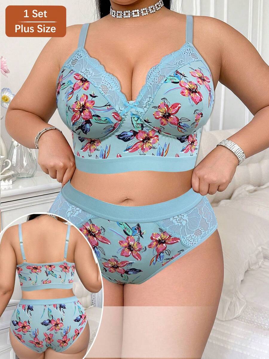 Plus Size Women Floral Print Bra Set, Wireless Soft & Comfortable Lingerie Set - Baby Blue - View 1