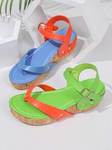 [2026 Spring/Summer New Arrival] Y2K European And American INS Style Soft Wood Platform Wedge Thong Strap Rivet One-Buckle Roman Increased Height Sandals For Women - Color Blocking - View 8